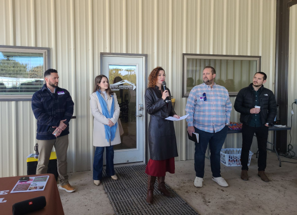From left, Pastor Shawn Martinez from The Grove in Liberty Hill, a pastor from Celebration’s Leander/Liberty Hill campus, Yesterday’s Gone Founder and Executive Director Loree Tamayo, Pastor Nathan Brown of Vintage Church in Liberty Hill, and Pastor Jordan Geist from Northpoint in Cedar Park participated in a Blessing of the Land Ceremony as part of Yesterday’s Gone expanded property in Liberty Hill on January 29.  Photo by Nalani Nuylan.
