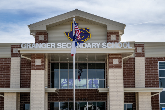 The face of a lion, the school mascot, can be seen from outside  the new Granger Secondary School during an open house on Wednesday, February 25, 2026.   Granger Secondary School, serving students in grades 7-12, is on F.M. 971 east of downtown Granger.