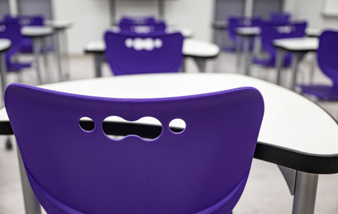 Chairs in all the classrooms are purple, as seen at the new Granger Secondary School during an open house on Wednesday, February 25, 2026.