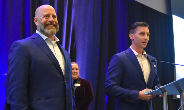 Bryan Chisholm, left, the Chief Operations Officer and Michael Pickel, the president of Texas Traditions Roofing, accepted the award on behalf of the company for Small Business of the Year at the annual Georgetown Chamber business awards. (Photos by Kaitlyn Wilkes)