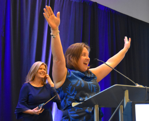 Cathleen “Cat” Phelps from the Georgetown YMCA celebrates her win as Citizen of the Year at the annual Georgetown Chamber of Commerce awards banquet on January 30.