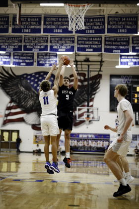 East View’s Isaiah Villegas jumps for a shot, with Georgetown’s Nick Hanson contesting. Villegas scored 9 points in the game.