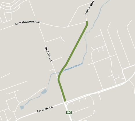 This map shows the path the County Road 110 North project will take to connect Rock Ride Lane to Sam Houston Avenue and Patriot Way. (Courtesy Williamson County)