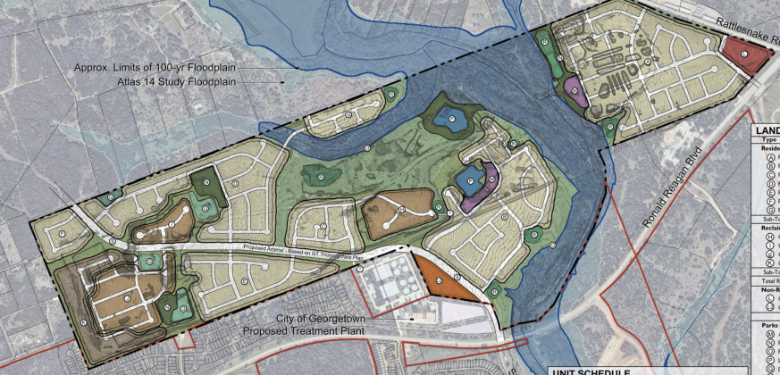 This concept plan map details a draft of where residential housing, greenspace, commercial and roads would be. A flood plain runs through the property because of Berry Creek. (Rendering courtesy Freehold Capital Management)
