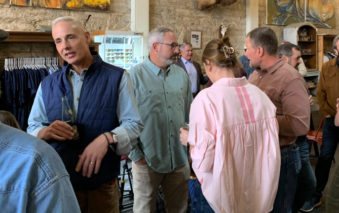 Georgetown Mayor Josh Schroeder, left, held an event at Mesquite Creek Outfitters on Friday, February 20, to show appreciation for supporting his terms as mayor. (Photo by Kaitlyn Wilkes)