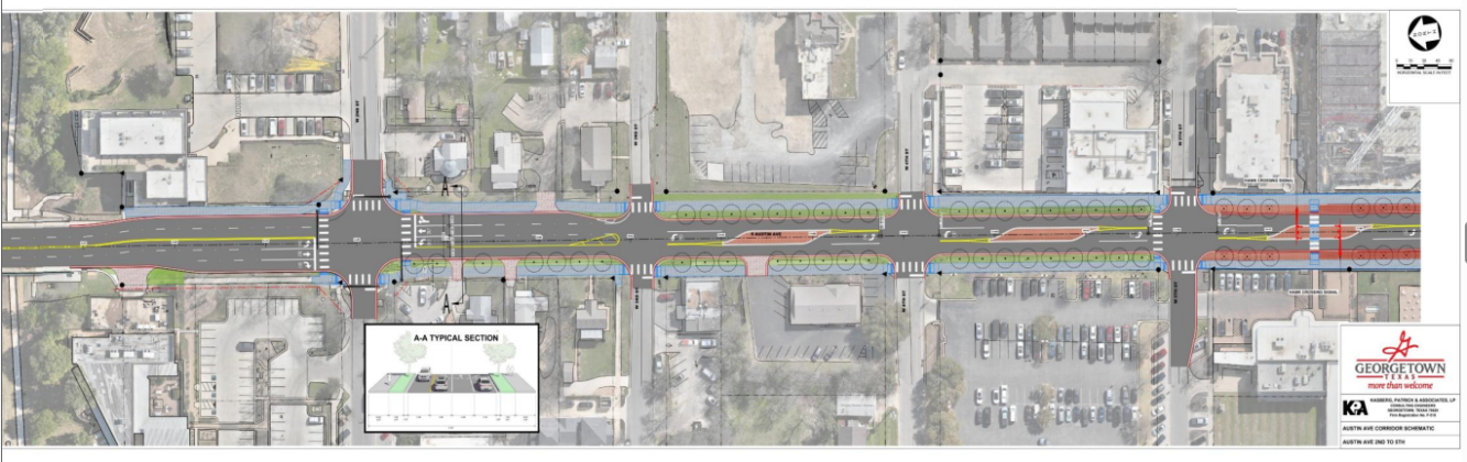 This schematic shows proposed chances to Austin Avenue between Sixth and Second Street just north of the Square. The plan shows center medians, dedicated turn lanes, widened sidewalks and a new configuration for the Second Street and Austin Avenue intersections (seen at the far left).