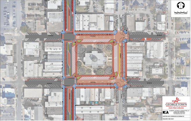 In this proposal, West Seventh and Eighth streets are converted into one-way roads between Rock and Church Streets. Traffic on Eighth would travel east, while Seventh would travel west. Additionally, parking on the Square is maintained on the courthouse side of the road, while the existing parking in front of businesses is replaced by a widened pedestrian area. Dedicated turn lanes are also added at the Austin Avenue intersections with Seventh and Eighth. (Schematics courtesy KPA Engineers)