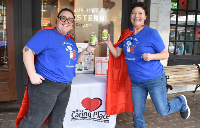 The Caring Place’s Hana Horick and Rita Turner pose in their super capes and with a can of green beans, representing the nonprofit’s food program. The Caring Place also provides rent, mortgage and utility assistance; clothing, housewares and furniture; laundry services; medical and transportation assistance; elder care; and case management help. Learn more at www.caringplacetx.org.