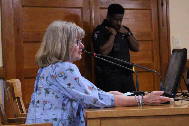 Kim Collins Gilby, Williamson County’s Democratic Party Chair, speaks during the March 10 Commissioners Court meeting after the Primary Elections on March 3. Photo by Nalani Nuylan.