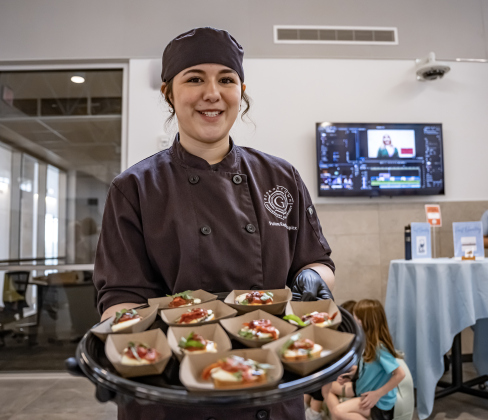 East View High School culinary arts student Zoe Torres  handed out samples of student creations to attendees at the Georgetown ISD State of the District gathering held at the Future Ready Complex on Friday, March 6, 2026.