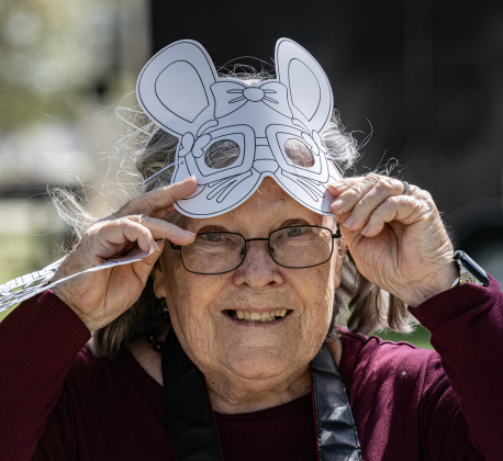 Shirley Marquardt was feeling festive in her Easter Bunny mask at the Old Settlers Association  site during The Williamson Museum’s Hoppy Easter event on Saturday, March 14, 2026.    Photo by  Andy Sharp.