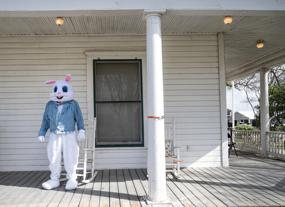 The Easter Bunny greeted visitors on the front porch of the Palm Mansion  at the Old Settlers Association  site during The Williamson Museum’s Hoppy Easter event on Saturday, March 14, 2026.    Photo by  Andy Sharp.
