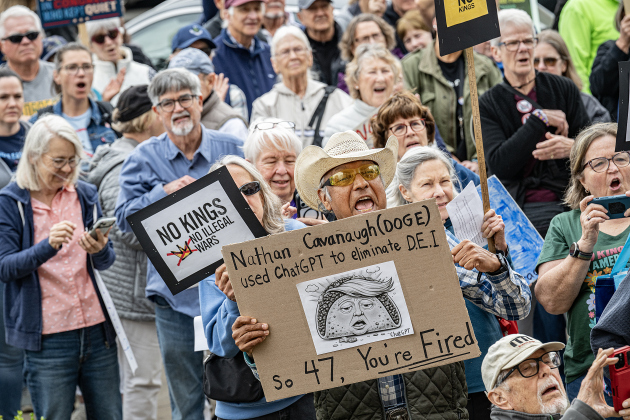 Rudy Tabares (center, in hat) was one of many attending  the No Kings rally held in downtown Georgetown on Saturday, March 28, 2026.  Approximately 700 people attended the rally, a demonstration opposed to the current Presidential administration of Donald Trump.  Photo by  Andy Sharp.