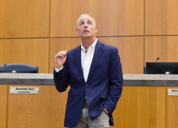 Mayor Josh Schroeder gives a presentation about the state of the city on March 12. He spoke about water, the legislature and a future road bond.