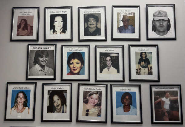 There is a photo wall of victims in the cold case unit's office in Round Rock.