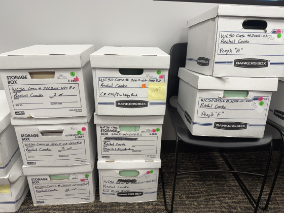 Boxes of files for Rachel Louise Cooke's case.