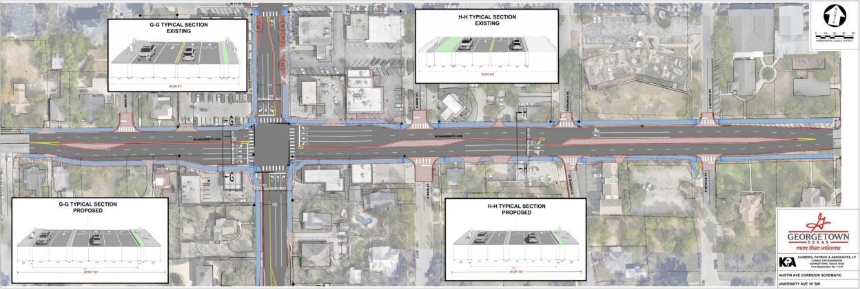 Proposed changes to the University Avenue and Austin Avenue intersection would feature dedicated turn lanes and medians in the area to help traffic flow. Medians on University would prevent crossing traffic from Main, Church and Myrtle streets while creating a hooded left turn lane from University onto Church.