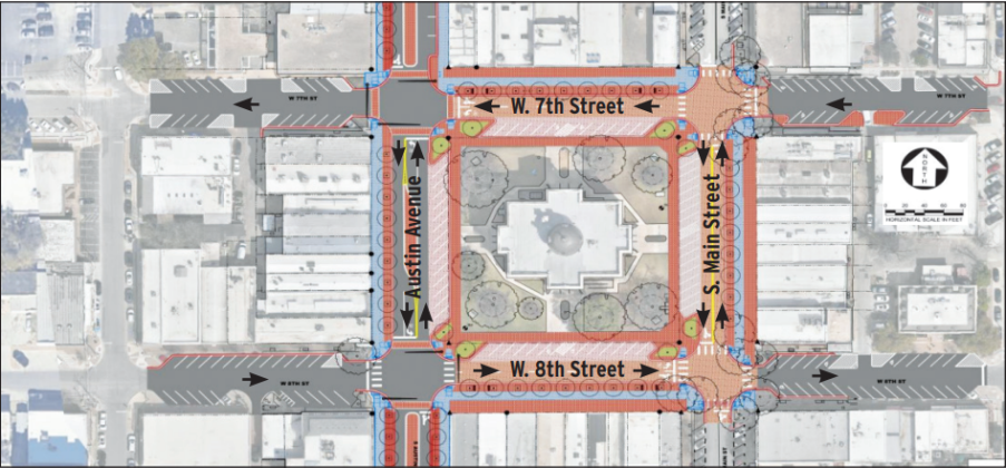 In this proposal, West Seventh and Eighth streets would be converted into one-way roads between Rock and Church Streets. Traffic on Eighth would travel east, while Seventh would travel west. Additionally, parking on the Square is maintained on the courthouse side of the road, while the existing parking in front of businesses is replaced by a widened pedestrian area. Dedicated turn lanes are also added at the Austin Avenue intersections with Seventh and Eighth. 