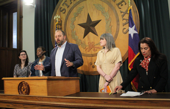 State Representative John Bucy, D-Austin, of House District 136, (center) announces his bill that would give political parties the right to conduct their own elections on April 8 at the Capitol in Austin. He is joined by representatives of nonpartisan organizations that are in support of the bill: the National Association for the Advancement of Colored People Texas, Common Cause Texas and United Latin American Citizens. Photo by Nalani Nuylan.