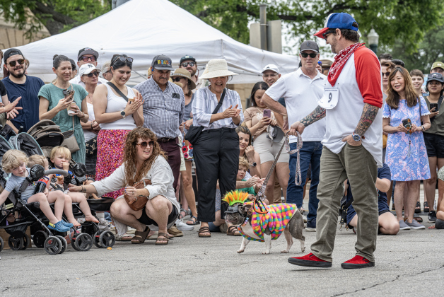 Jeff Lanfear walks before the audience and judges with Willow, his 4-year-old French Bulldog,  during  the Red Poppy Festival POPP Pup Parade and costume contest on Sunday, April 26, 2026.