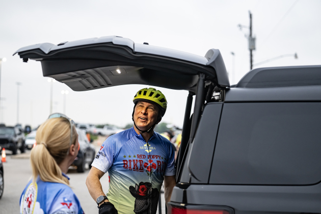 Matt Hubbard, facing camera, and Shorey Russell  prepare  for their rides , Matt for 40 miles, Shorey for 30 miles, during  this year’s Red Poppy Bike Ride.