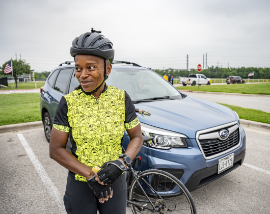 Dori Livingston prepares for her 60-mile ride at this year’s Red Poppy Bike Ride.