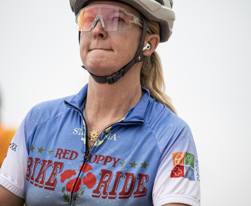 Shorey Russell is at the starting area for her 30-mile ride during  this year’s Red Poppy Bike Ride, starting and finishing in the parking area behind Georgetown High School on Saturday morning, April 25, 2026.  600 cyclists were registered for the event, which included rides of 14, 30, 40 60 and 100 miles. Coordinated by the Georgetown Sertoma Club, the ride benefits the Williamson County Children’s Advocacy Center.      Photo by  Andy Sharp.