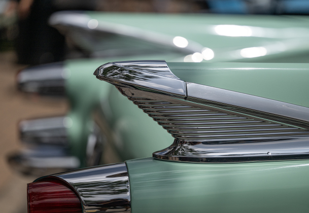 The rear section of a 1959 Dodge Coronet, a car show entry, is seen during the Red Poppy Festival  on Saturday, April 25, 2026.   Photo by  Andy Sharp.