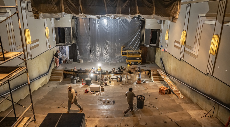 A balcony view looks down into the theatre’s now-empty  seating area as restoration work continues there  on Tuesday, March 31, 2026.