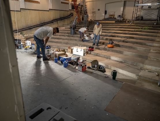 Restoration work continues in the seating area at the Georgetown Palace on Tuesday, March 31, 2026.