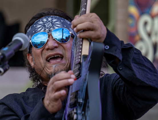 Dan Corona, a member of Supernatural ATX, a Santana Tribute Band,  performs during the first First Friday free concert of the year on the courthouse lawn on Friday, April 3, 2026.  The event was hosted by the Georgetown Beard Club.   Photo by  Andy Sharp.