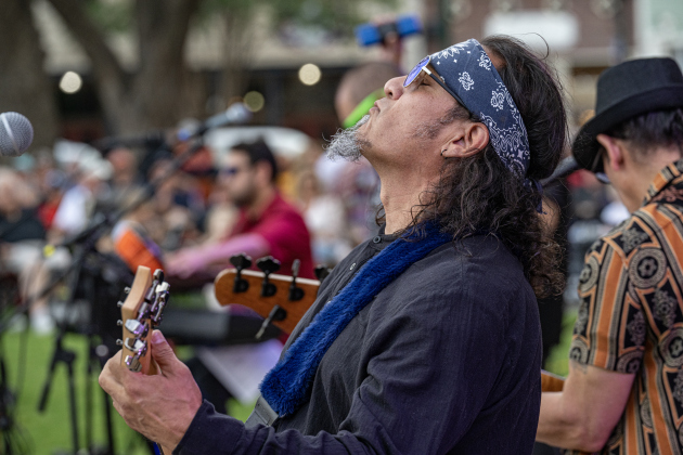 Dan Corona, a member of Supernatural ATX, a Santana Tribute Band, performs during the first First Friday free concert of the year on the courthouse lawn on Friday, April 3, 2026.  The event was hosted by the Georgetown Beard Club.   Photo by  Andy Sharp.