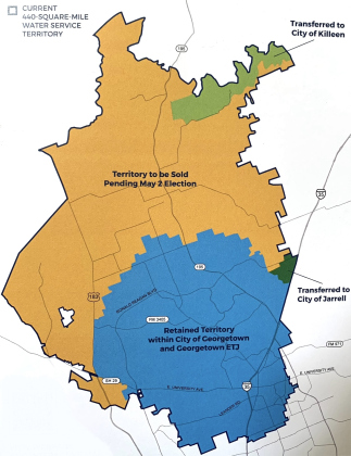 This map shows which parts of the water territory would be sold to NUI, which parts would be sold to surrounding cities, and which parts the City of Georgetown would keep. (Map Courtesy City of Georgetown)