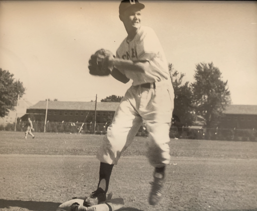 Bill Harrah throws a ball from second base while playing for the University of Oklahoma in 1951. During that time, there were no batting helmets, no batting gloves and wooden bats were used. (Photo courtesy Bill Harrah)