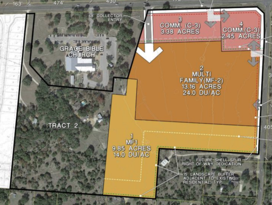 An initial plan for the NOVA mixed-use project — which spans two tracts of land — shows C3 commercial zoning along Shell Road, as well as high- and low-density multi-family. However, the commercial zoning was changed to C1 and the residential was changed to all low-density multi-family with a maximum of 10 units per acre after a city council vote April 14. This plan shows tract one. (Courtesy City of Georgetown)