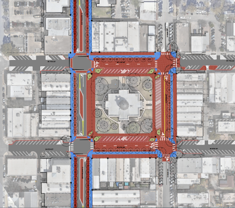 The Square, which would see Seventh and Eighth Streets turn into one way roads, will have parking on three sides of the courthouse. The side of Austin Avenue that faces the courthouse will no longer have parking, and will be all sidewalk. (Map courtesy City of Georgetown)
