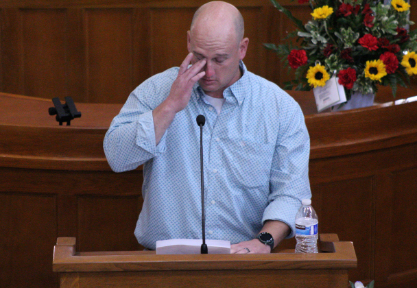 Alex Kennon, eldest son ofJudge Rick J. Kennon of the 368th District Court, delivers his eulogy in the historic 26th District Courtroom in Georgetown, May 8. Photo by Nalani Nuylan.