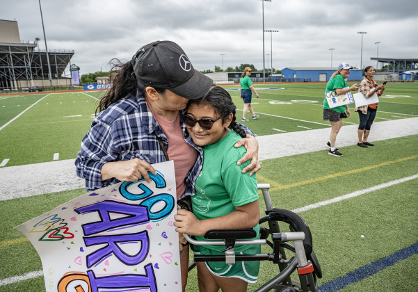 12-year-old Ariana Mata, a Benold Middle School student, gets a hug from her aunt Mary Ibarra after Ariana completed a track event during  the Georgetown ISD Special Olympics on Tuesday, May 5, 2026.