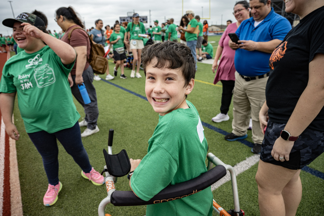 Mitchell Elementary School student Jaxon Reid, 10, wears a big smile after completing a 100-meter run during  the Georgetown ISD Special Olympics on Tuesday, May 5, 2026.