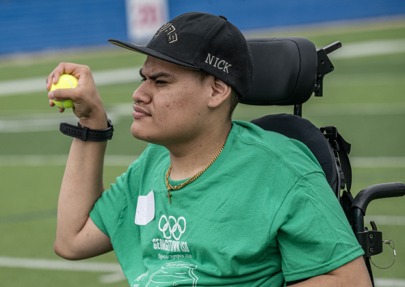 Bridges student Nick Diaz takes his turn in the tennis ball throw during the Georgetown ISD Special Olympics on Tuesday, May 5, 2026.