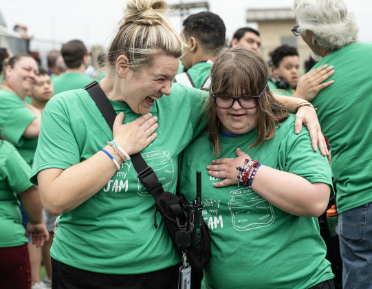 Georgetown High student Allison Sloma, right, joins her teacher Logan Snyder for the singing of “The Star-Spangled Banner” during opening ceremonies for the Georgetown ISD Special Olympics on Tuesday, May 5, 2026.