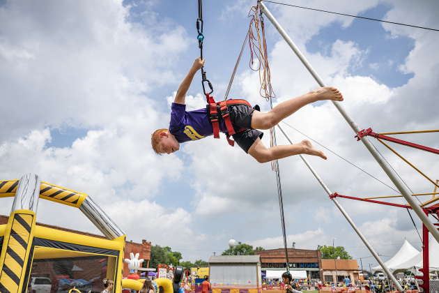 9-year-old Kade Sladecek had a good time on the Bungee Trampoline during the 47th Annual Granger Lakefest on Saturday, May 9, 2026.   Photo by Andy Sharp.