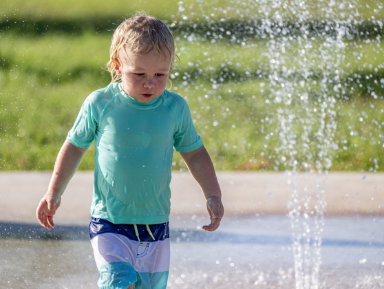 Two-and-a-half year-old Anthony Huthsing has fun at  the San Jose Park splash pad on Wednesday, May 13, 2026.  With temperatures climbing into the 90s this week, families are finding heat relief at area parks and splash pads.     Photo by Andy Sharp.