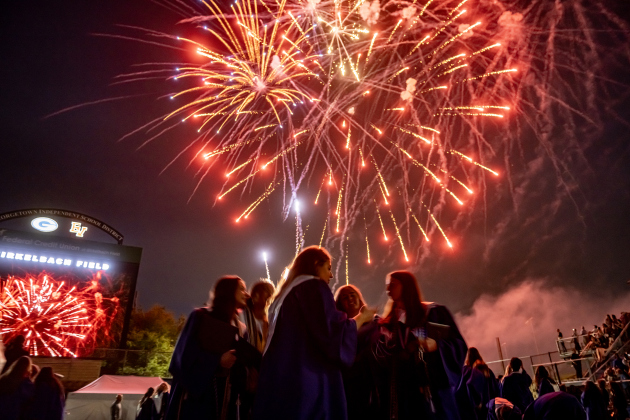 A fireworks finale closes  the 2026 Georgetown High School commencement, held Friday, May 22, 2026 at Birkelbach Stadium.  484 students received their diplomas on this evening.     Photo by Andy Sharp.