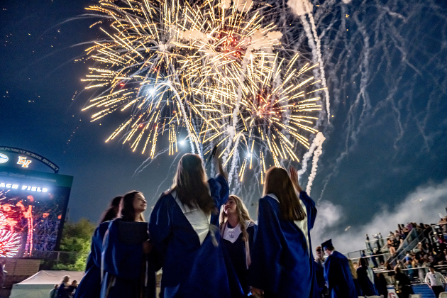 A fireworks finale closes the 2026 Georgetown High School commencement, held Friday, May 22, 2026 at Birkelbach Stadium.  484 students received their diplomas on this evening.     Photo by Andy Sharp.