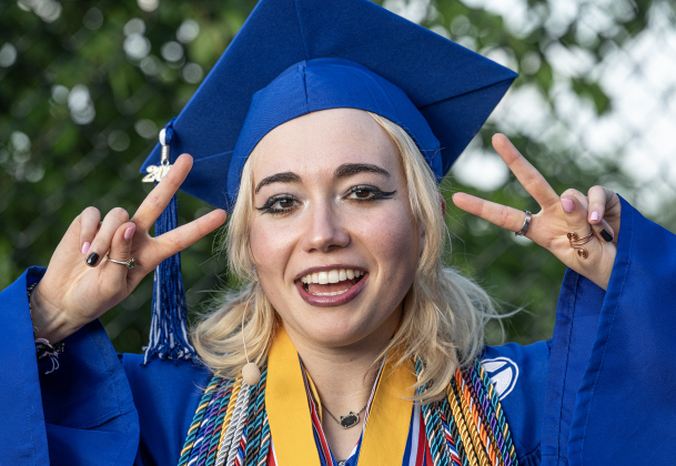 Georgetown High School Salutatorian Emma Cooke was upbeat as she waited to go onto the field with her classmates during the 2026 Georgetown High School commencement, held Friday, May 22, 2026 at Birkelbach Stadium.  484 students received their diplomas on this evening.     Photo by Andy Sharp.