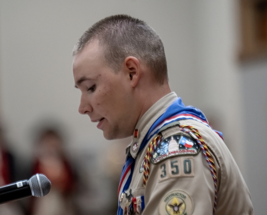Cameron Taylor, a member of Scouting America Troop 350, offered a recitation of “In Flanders Fields”  during the Memorial Day ceremony held in Sun City on Monday, May 25, 2026.   Photo by Andy Sharp.