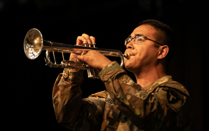Specialist Nicholas Arellano, a member of the 36th Infantry Division Ceremonial Band played Taps  during the Memorial Day ceremony held in Sun City on Monday, May 25, 2026. Photo by Andy Sharp.