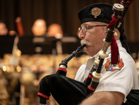 Georgetown Assistant Fire Chief Jeff Davis, a member of the Georgetown Fire Department Pipe &amp; Drum Team, led his group in playing of “Amazing Grace” near the conclusion of  the Memorial Day ceremony held in Sun City on Monday, May 25, 2026. Photo by Andy Sharp.
