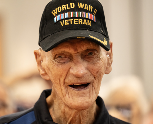 World War II Navy veteran Cliff McCrummen, who will be 100-years-old on June 23rd, is pictured  during the Memorial Day ceremony held in Sun City on Monday, May 25, 2026. Photo by Andy Sharp.
